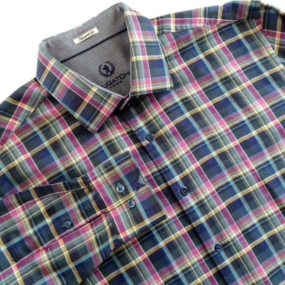 Bugatchi Uomo Shirt Men's Extra Large Plaid Blue Pink Yellow Green Date Night - Picture 2 of 4
